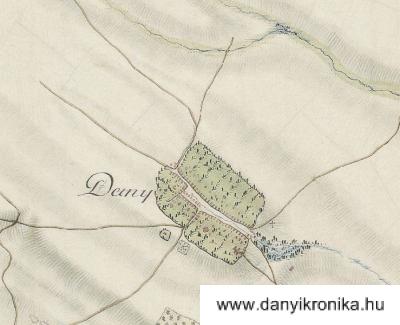 Katonai térkép Dányról, 1763-ból  kápolna jelöléssel